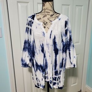 White with blue tie dye and lace design top